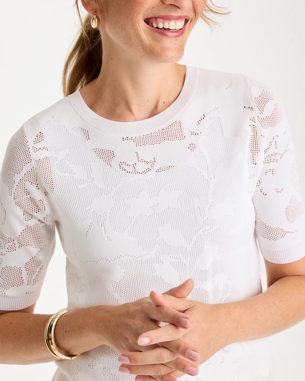 Chico's Ella Short-Sleeve Pointelle Sweater