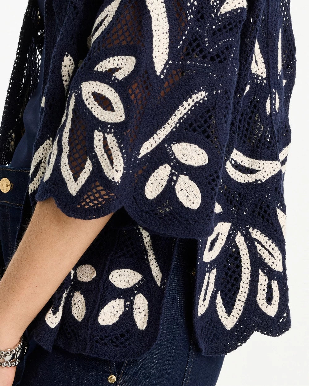 Chico's Woven Crochet Lace Contrast Kimono