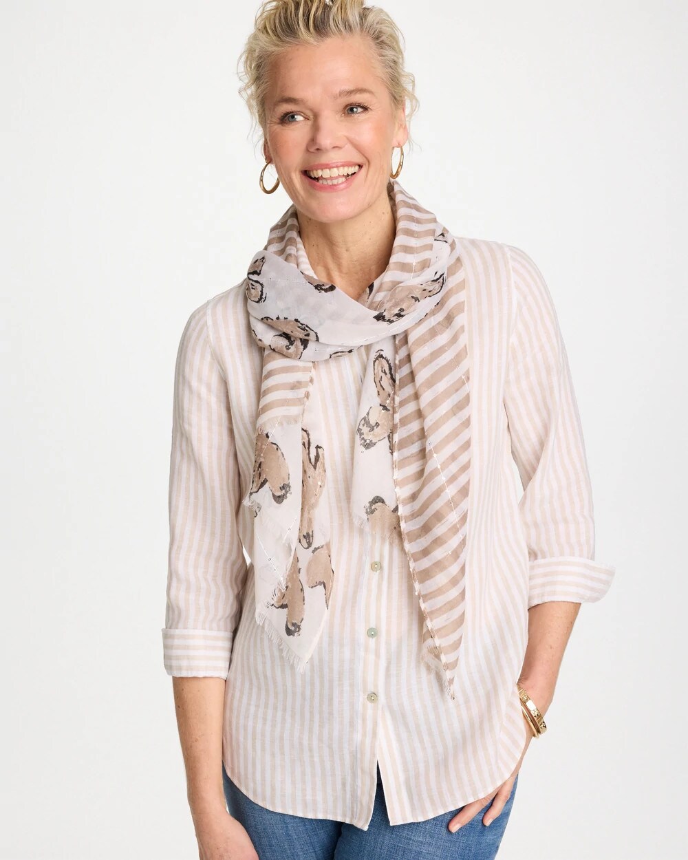 Chico's Striped Floral Oblong Scarf