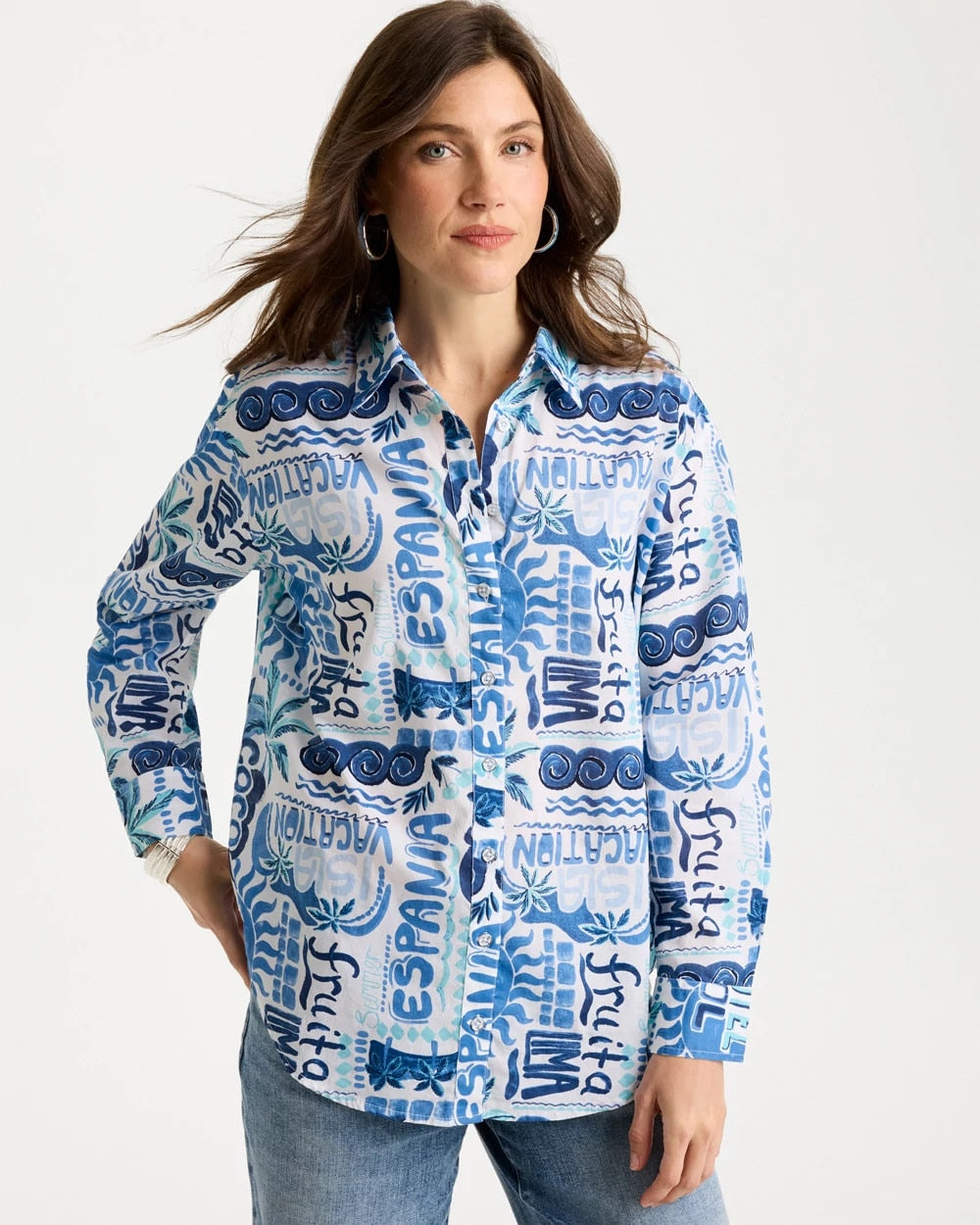 Chico's Cotton Voile Collared Beach Shirt