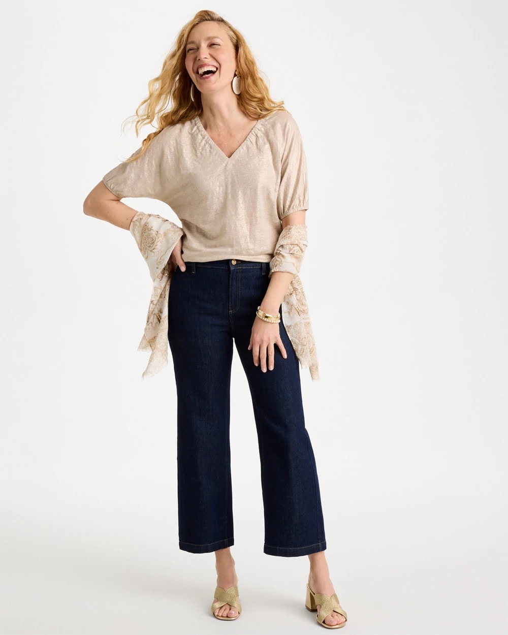 Chico's Fog Foiled Linen Ruched V-Neck Tee