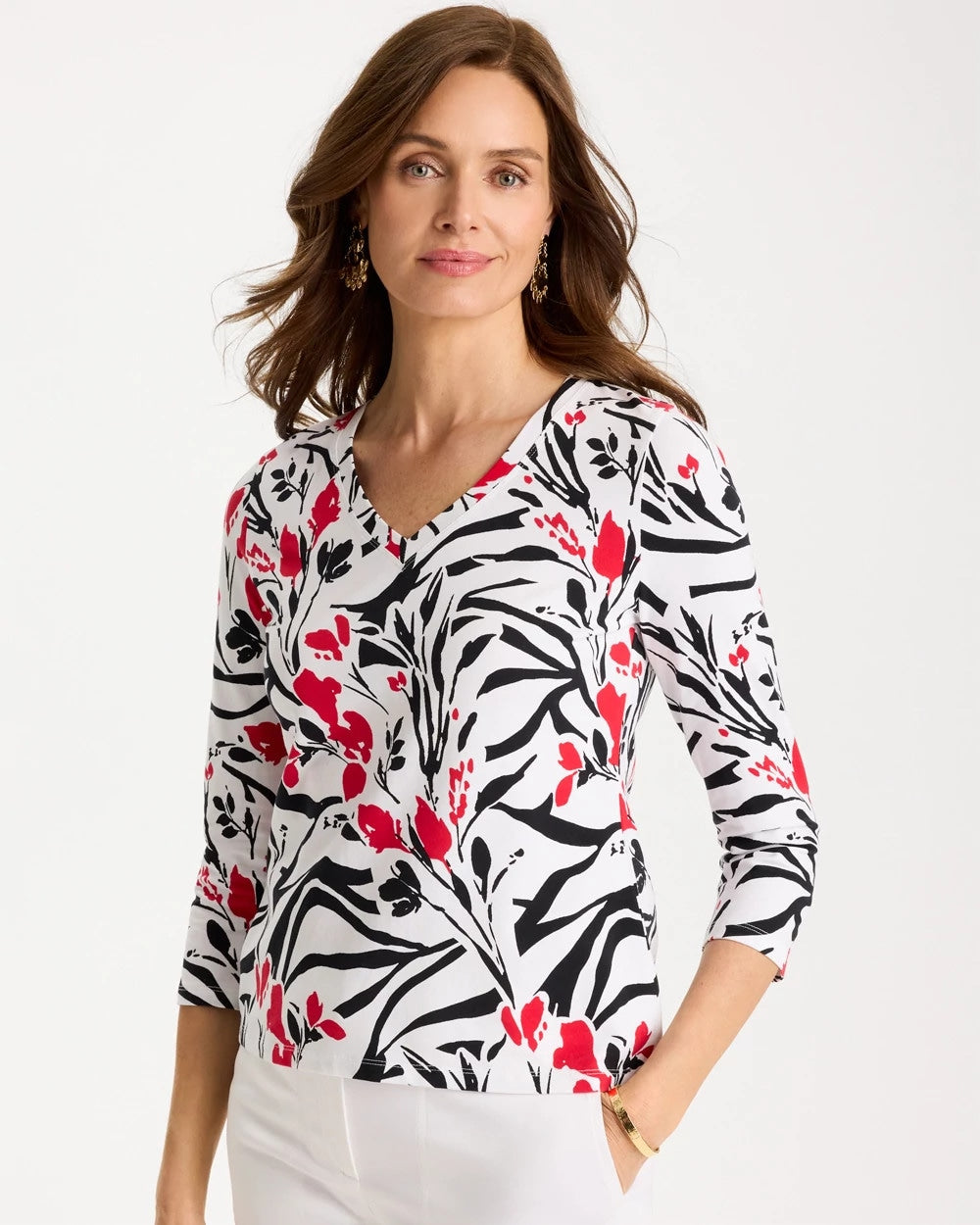 Chico's Cotton Stretch 3/4 Sleeve Floral Tee