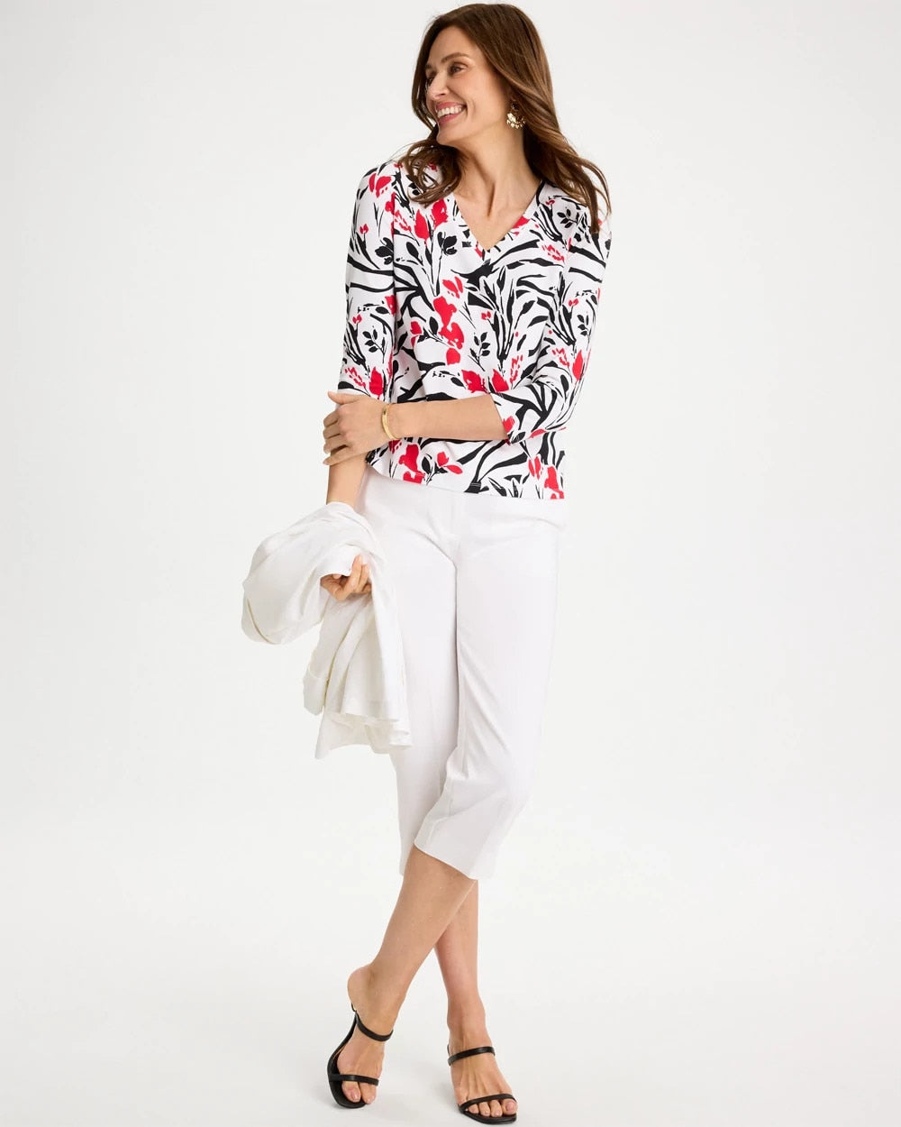 Chico's Cotton Stretch 3/4 Sleeve Floral Tee