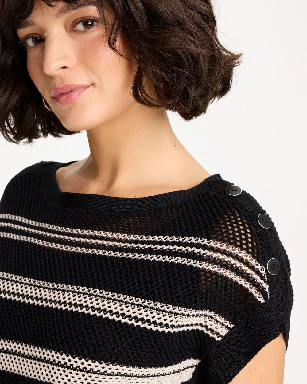 Chico's Striped Mesh Stitch Pullover Sweater