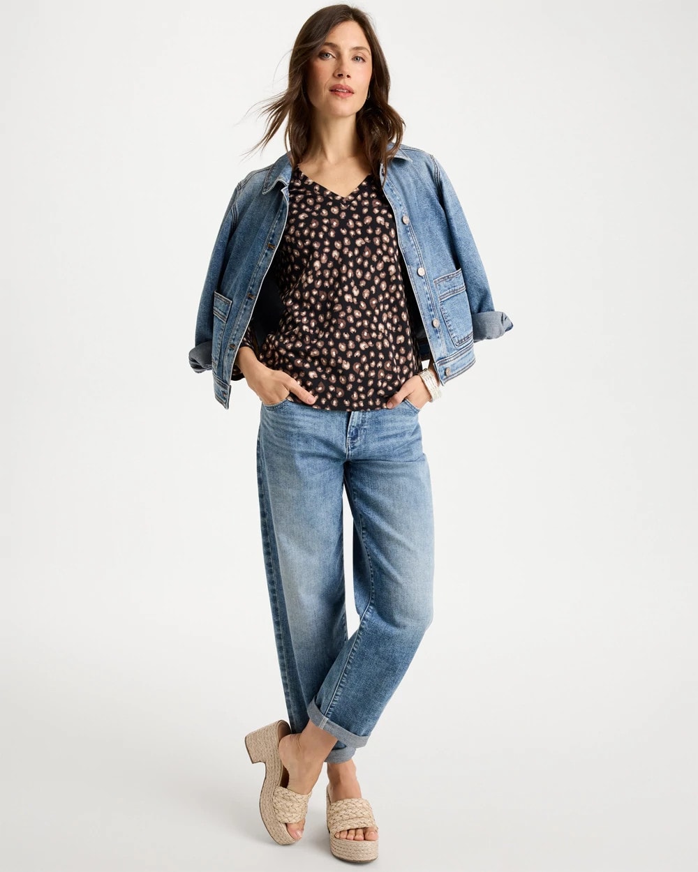 Chico's Cotton Stretch 3/4 Sleeve Polka Dot Tee