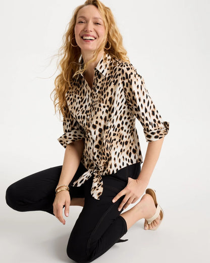Chico's Poplin Cotton Animal Print Tie-Front Top