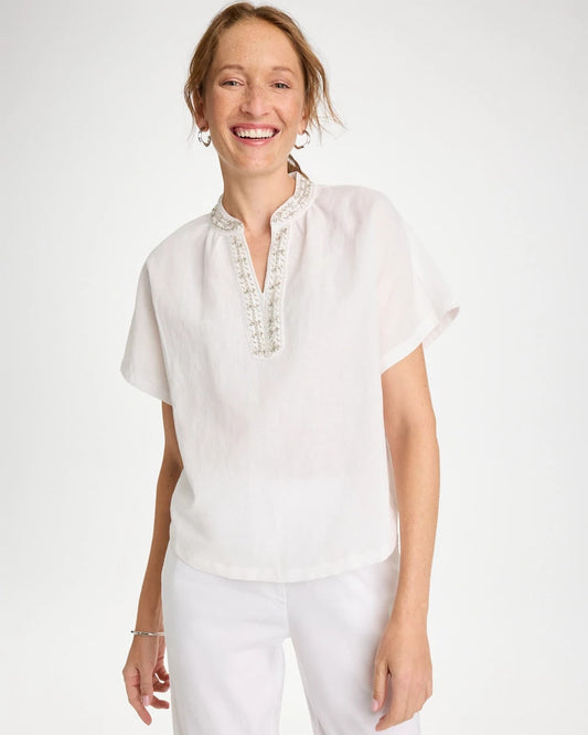 Chico's Linen Embellished Popover Top
