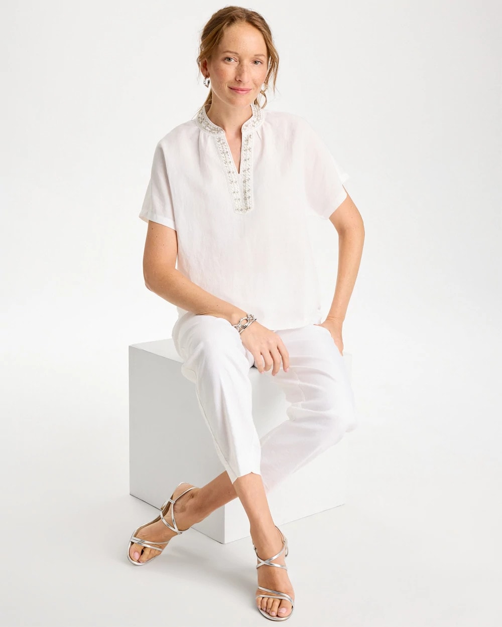 Chico's Linen Embellished Popover Top