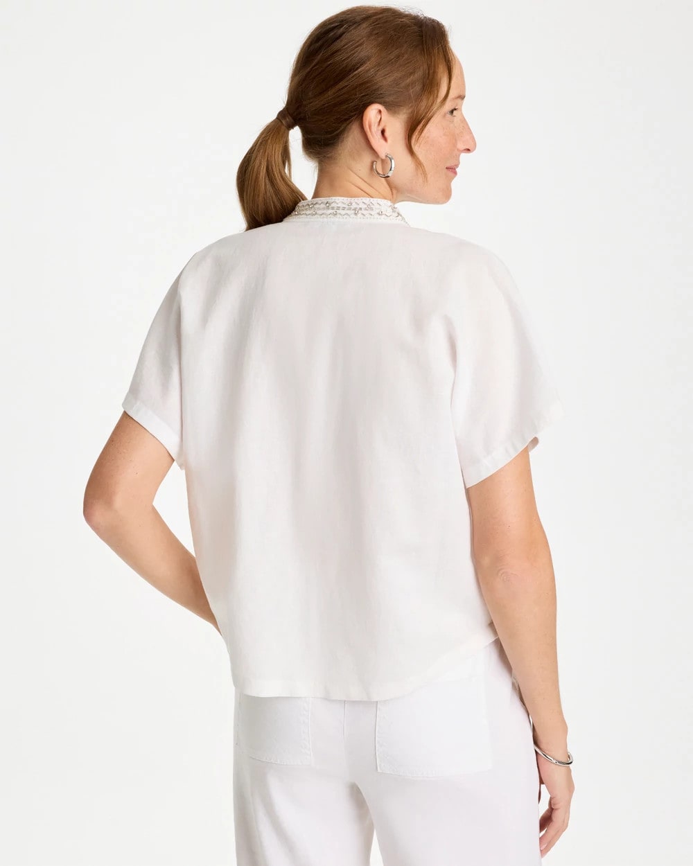 Chico's Linen Embellished Popover Top