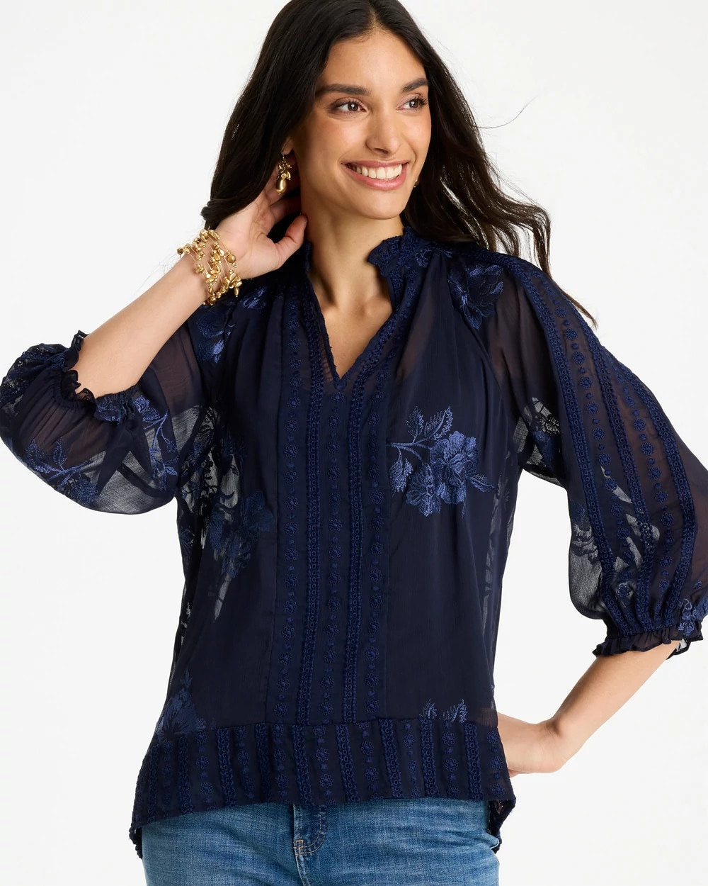 Chico's Embellished Splitneck Blouse