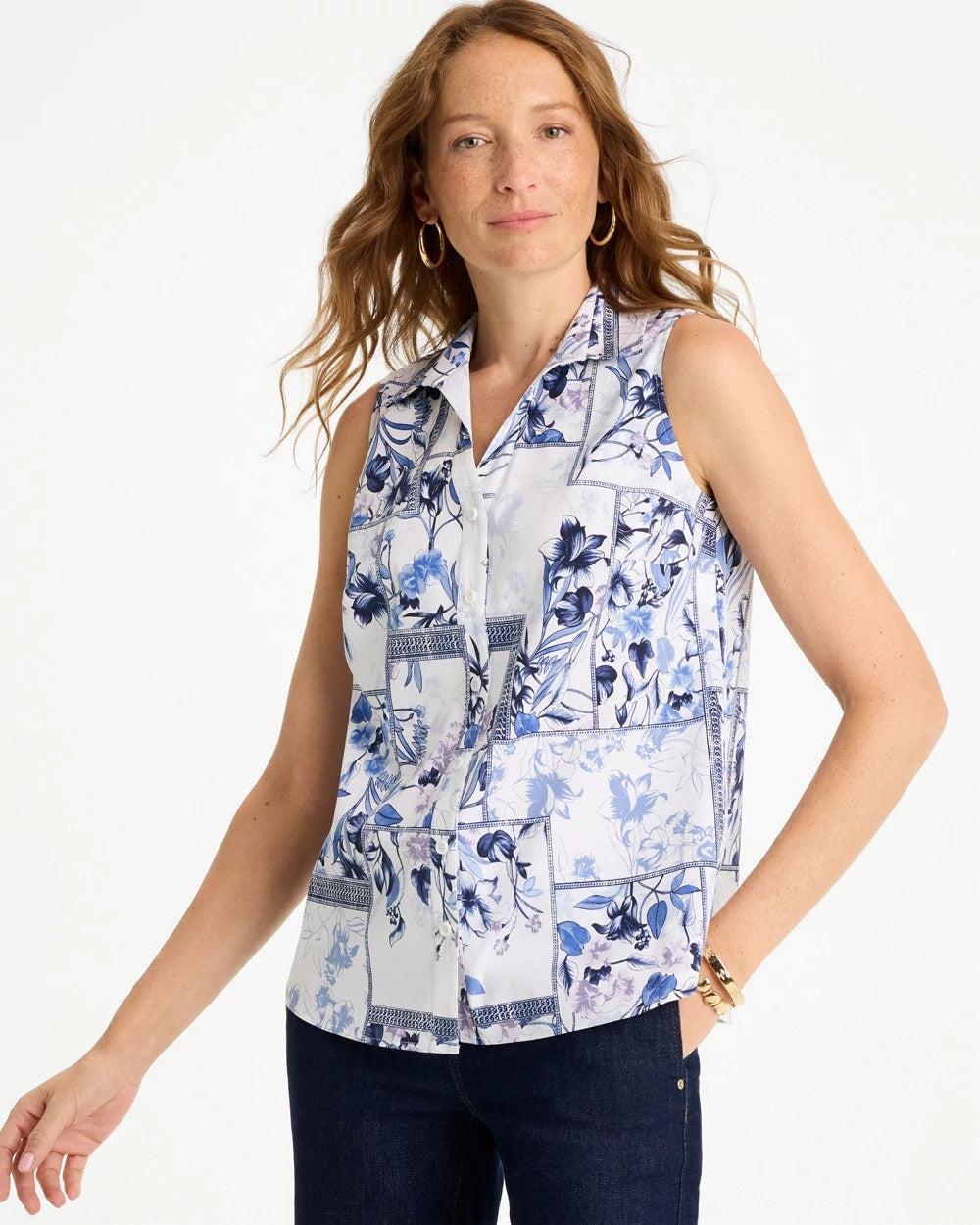 Chico's Cotton-Blend Classic Printed Sleeveless Shirt