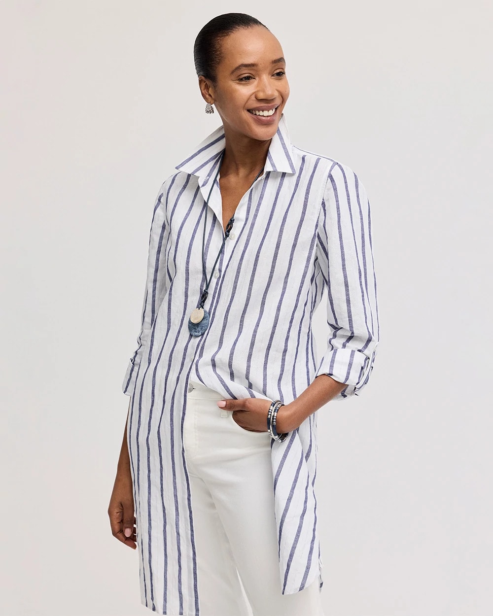 Chico's Linen Metallic Striped Duster Shirt