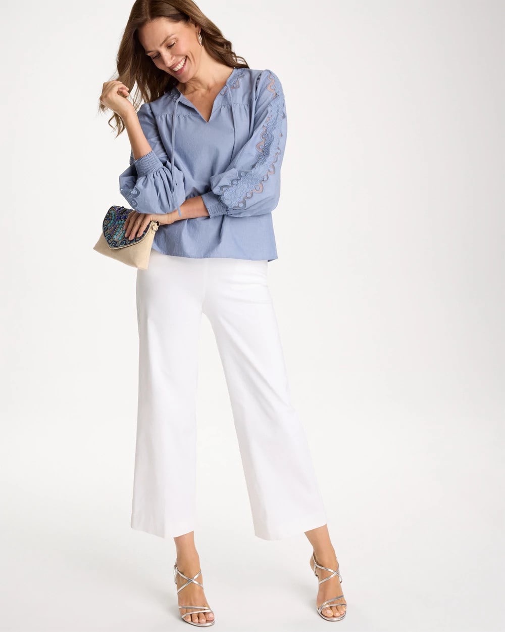 Chico's Chambray Lace Tie-Front Blouse