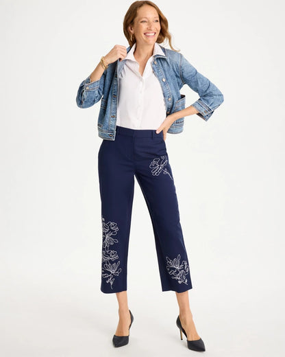Chico's Embroidered Linen Fly Front Pants