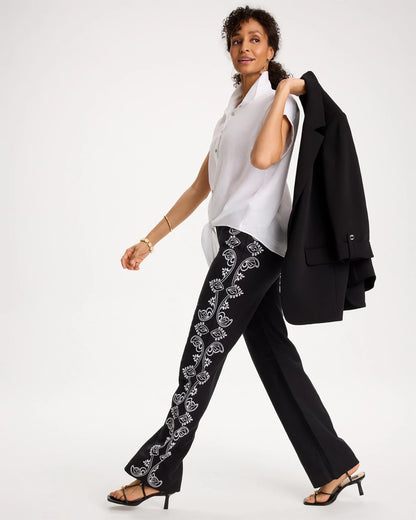 Chico's Embroidered Pull-On Wide-Leg Linen Pants