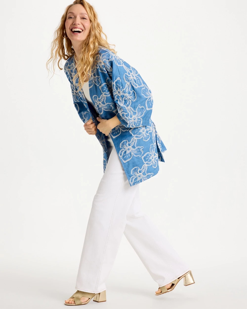 Chico's Woven Embroidered Belted Kimono