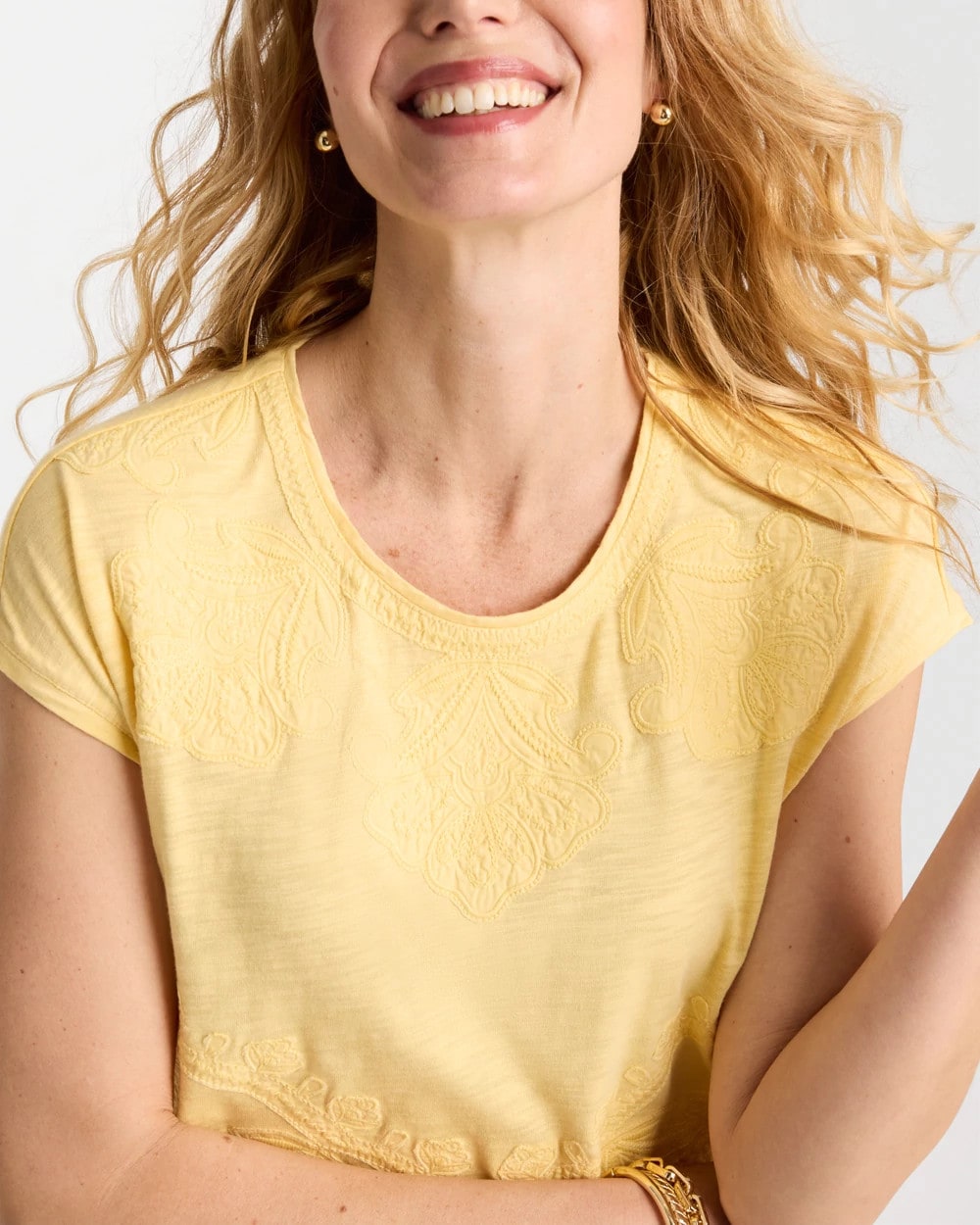 Chico's Monochrome Embroidered Cap-Sleeve Tee