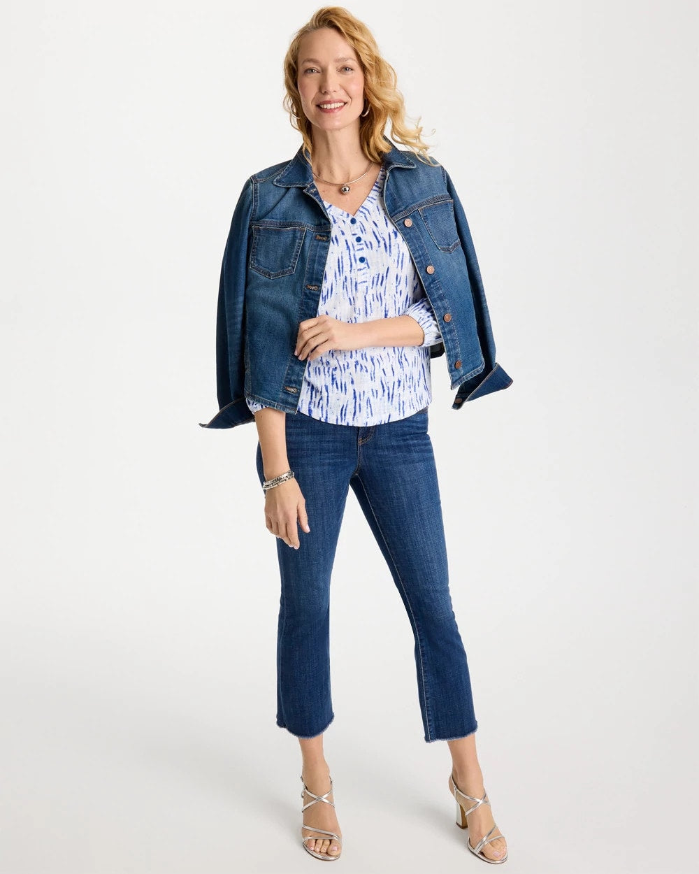 Chico's Printed Puff Sleeve Slub Henley