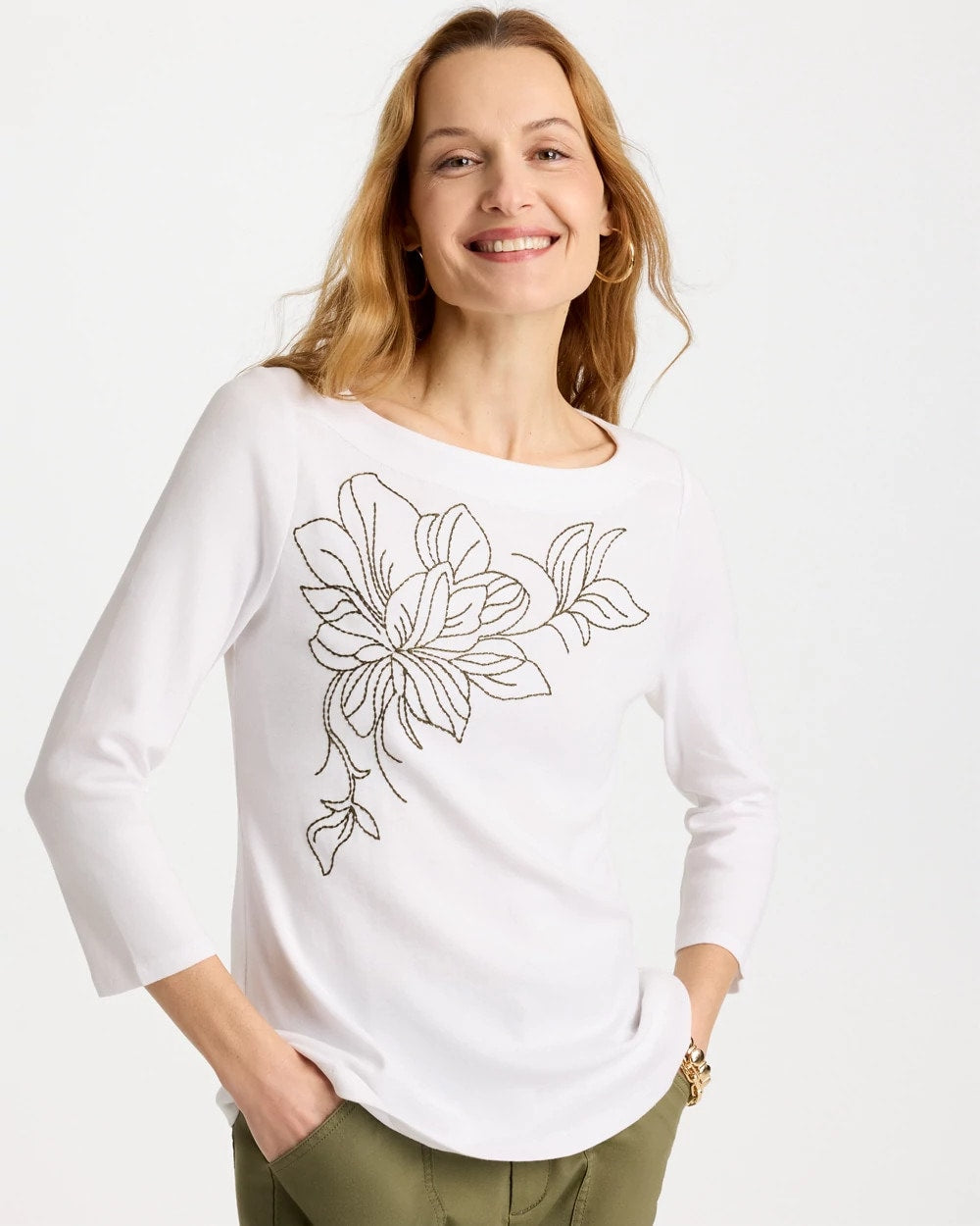 Chico's Embroidered Pima 3/4 Sleeve Tee