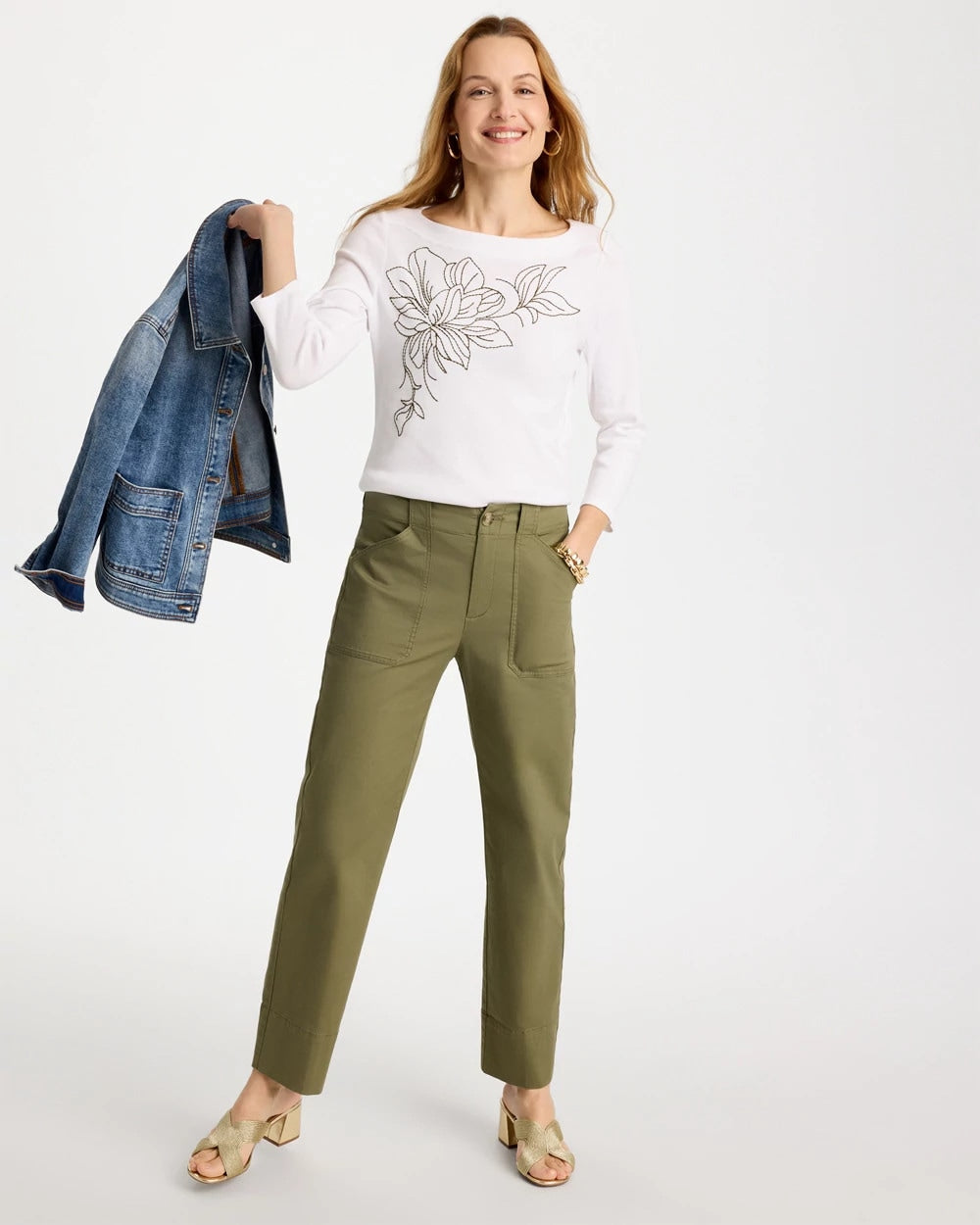 Chico's Embroidered Pima 3/4 Sleeve Tee