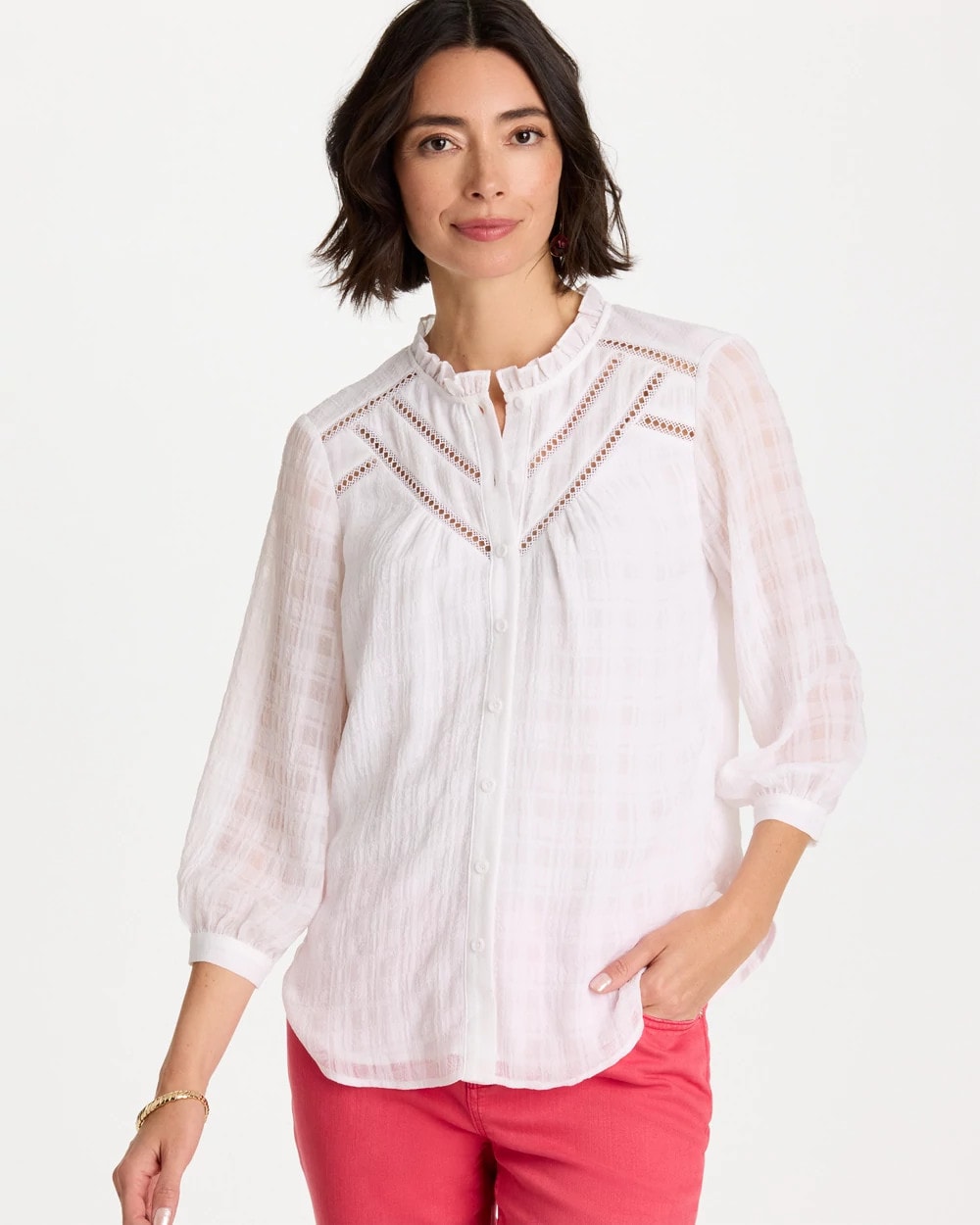 Chico's Cutwork Trim Chiffon Blouse