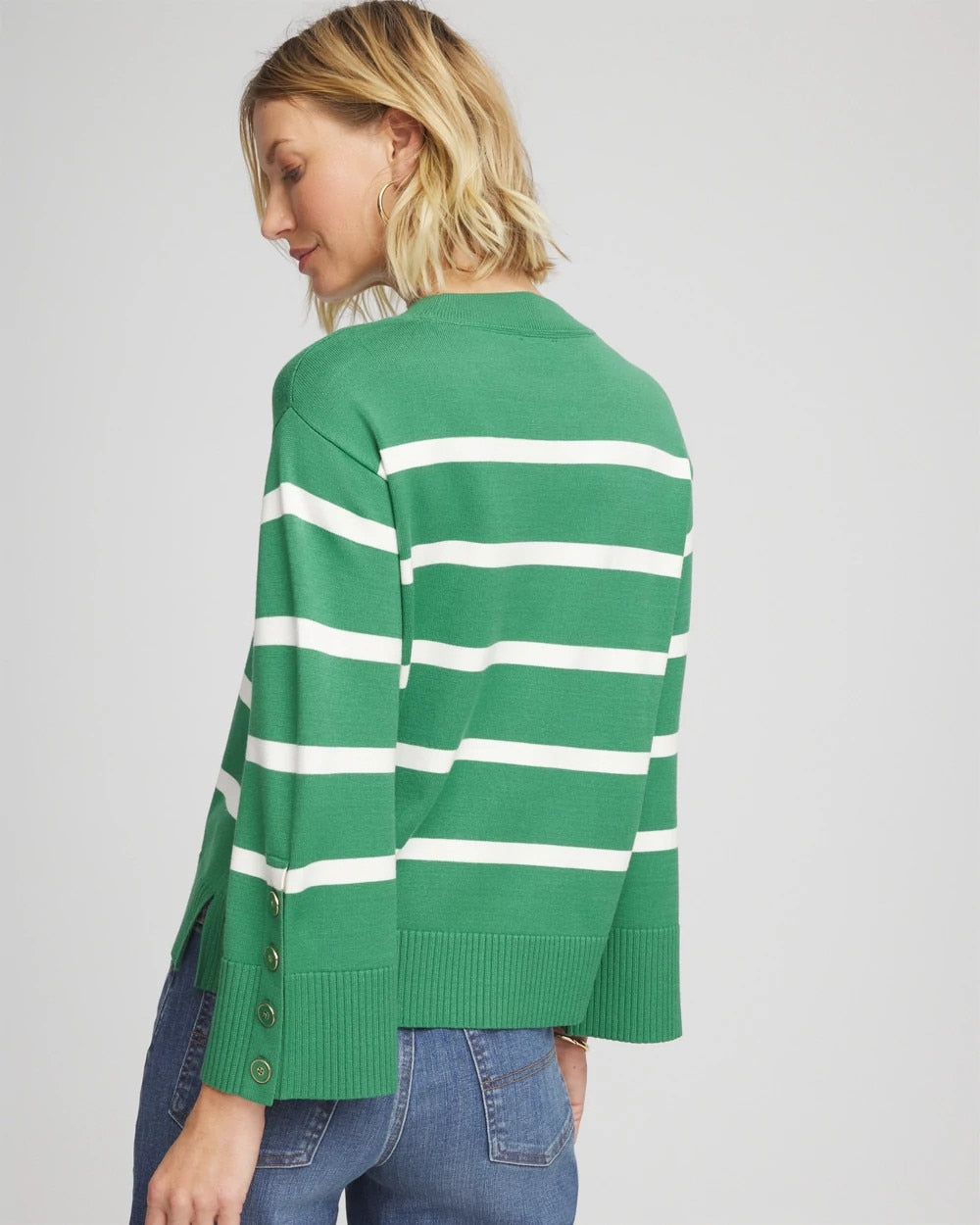 Chico's Striped Button Sleeve Crewneck Pullover Sweater