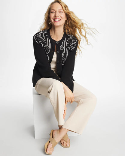Chico's Embroidered Crewneck Cardigan Jacket