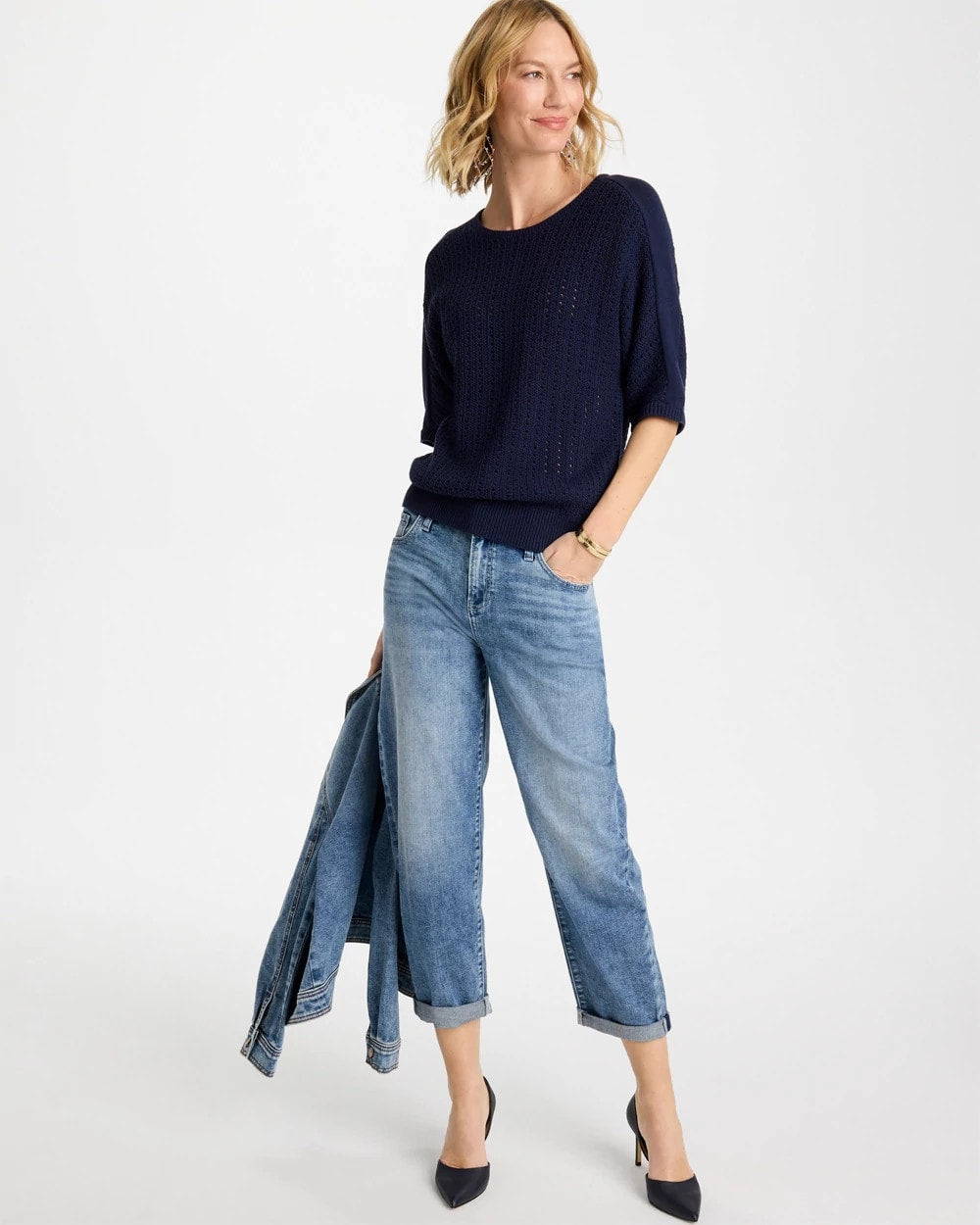 Chico's Pointelle Crewneck Pullover Sweater