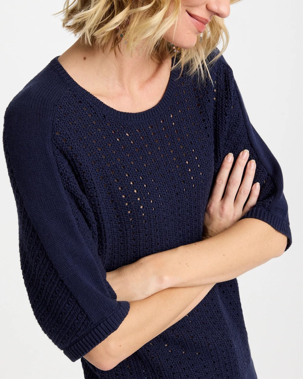 Chico's Pointelle Crewneck Pullover Sweater