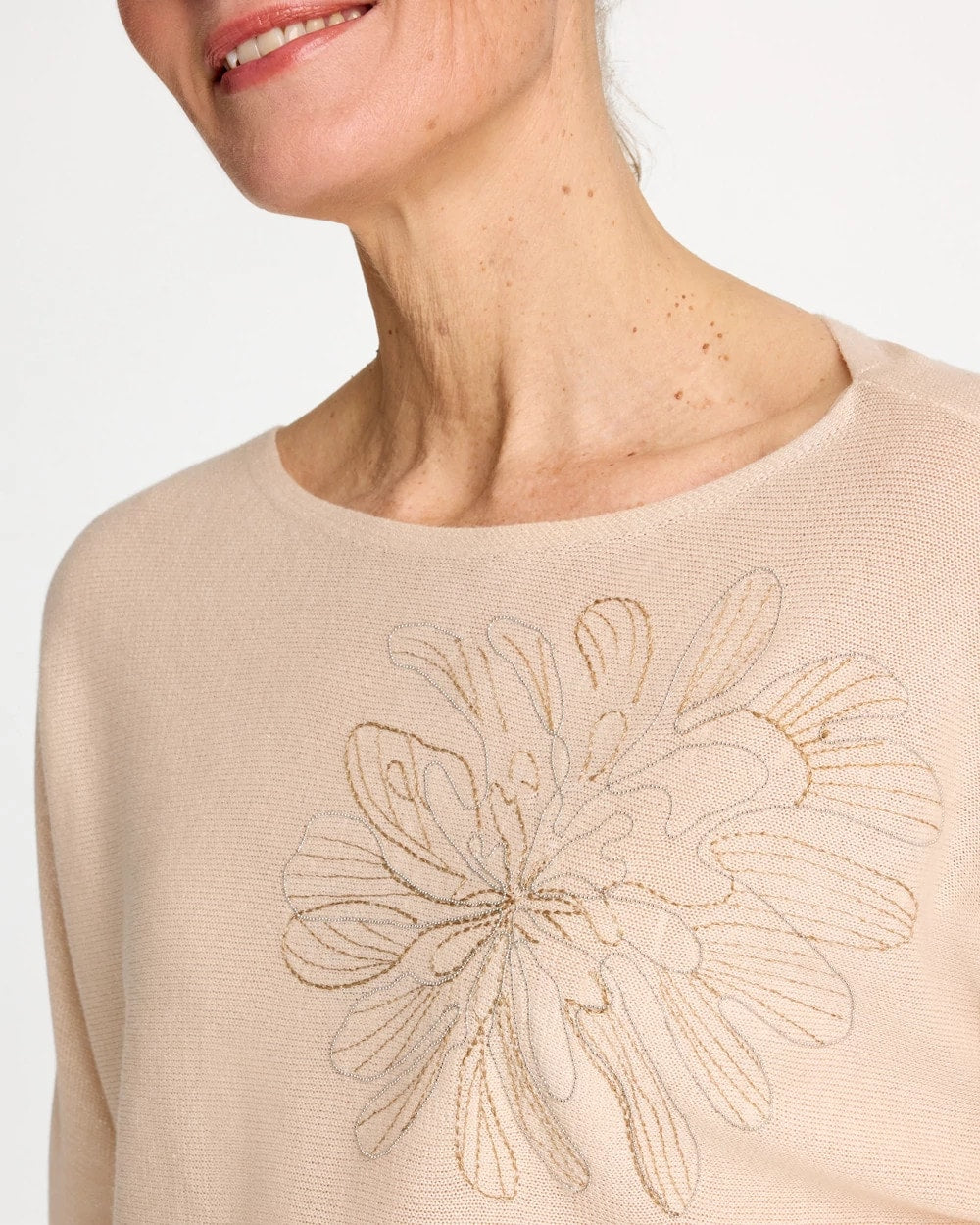 Chico's Embroidered 3/4 Sleeve Sweater