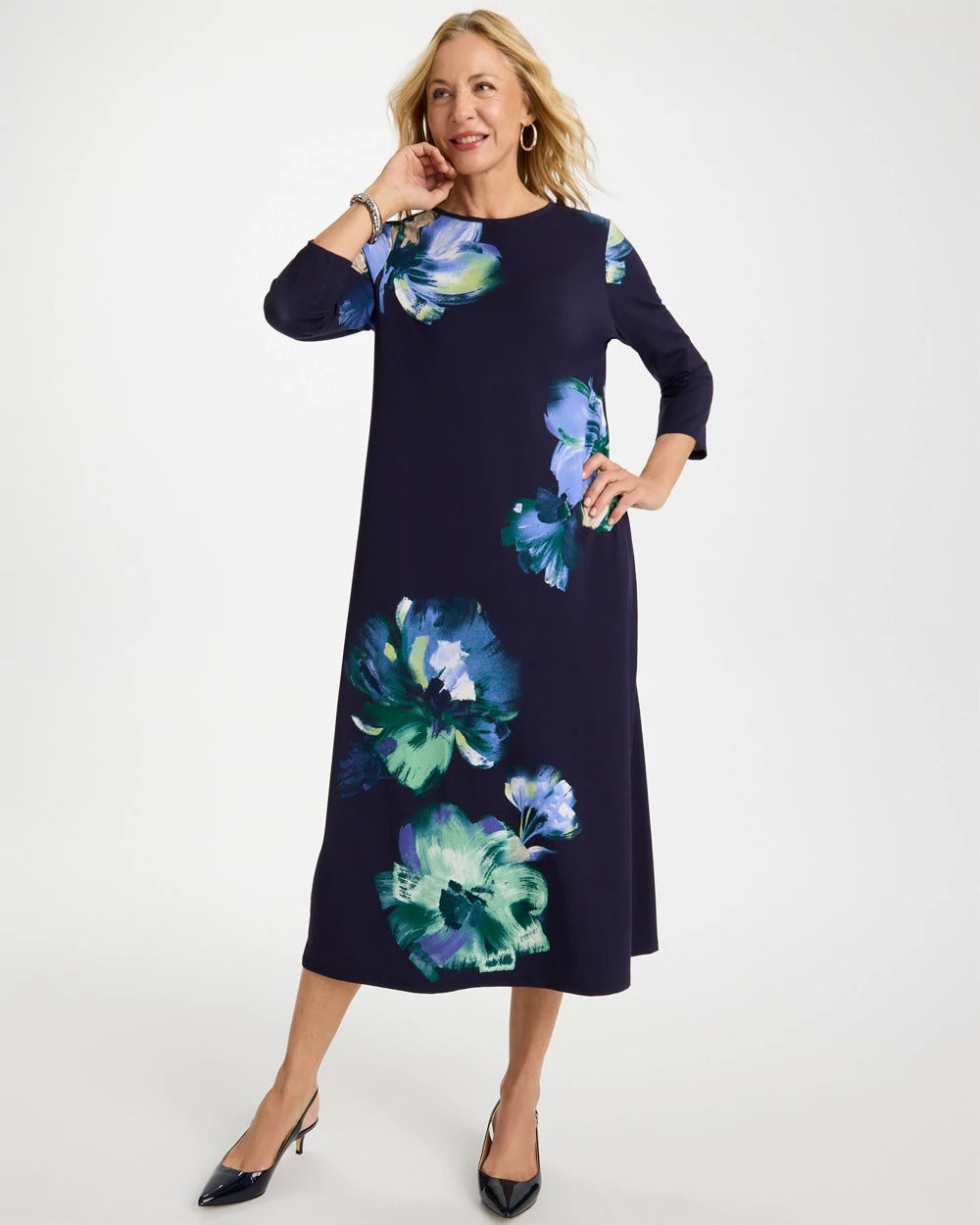 Chico's Floral 3/4 Sleeve Maxi Dress