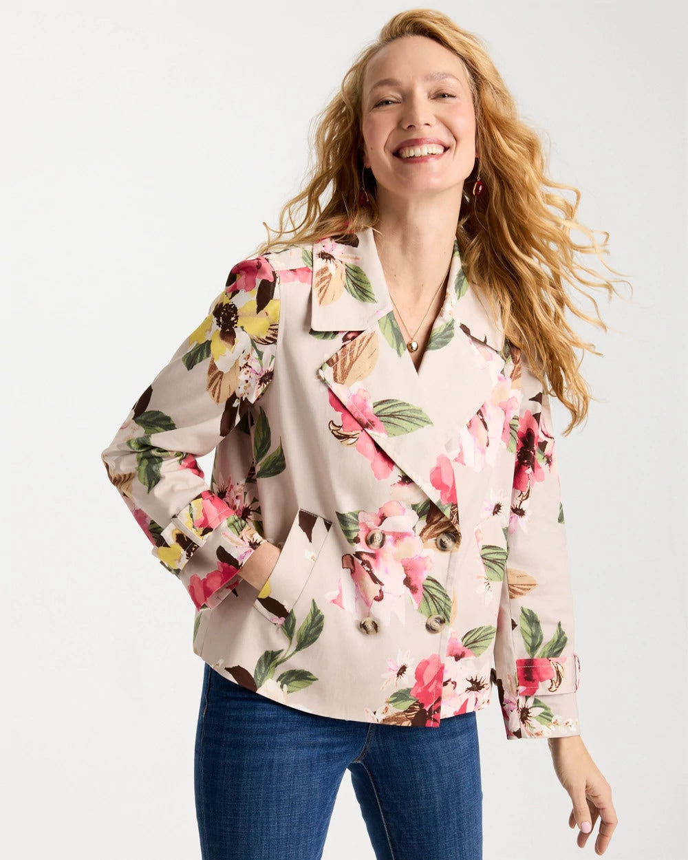 Chico's Cotton-Stretch Floral Trench Coat