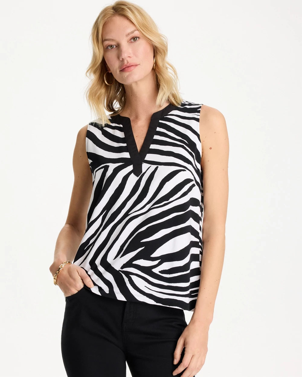 Chico's Zebra Cotton-Stretch Notch Neck Tank
