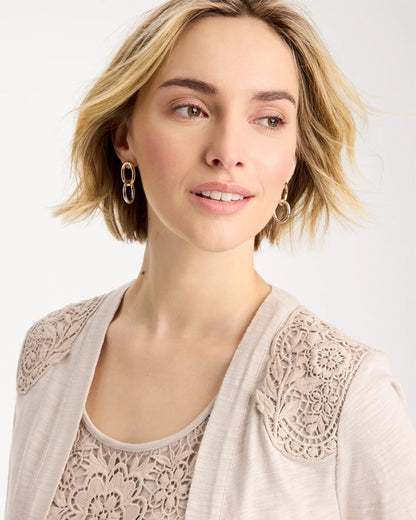 Chico's Embroidered Cotton Slub 3/4 Sleeve Cardigan