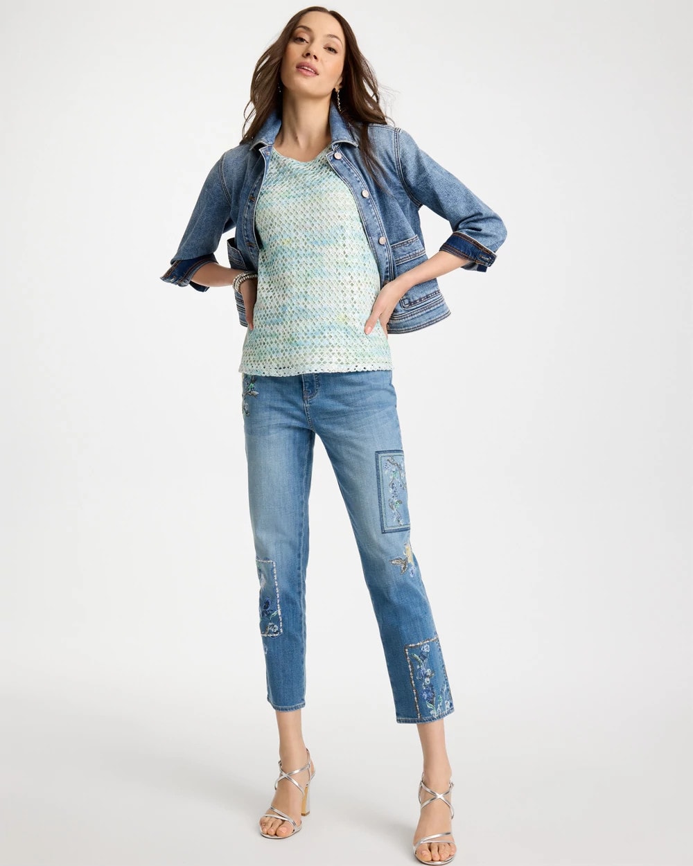 Chico's Floral Patchwork Girlfriend Crop Jeans