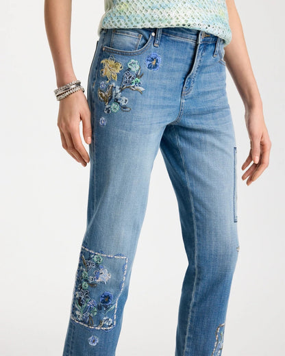 Chico's Floral Patchwork Girlfriend Crop Jeans