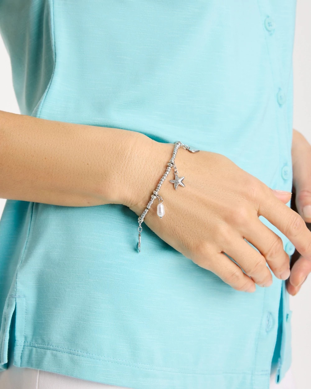 Chico's Beachy Silvertone Stretch Charm Bracelet