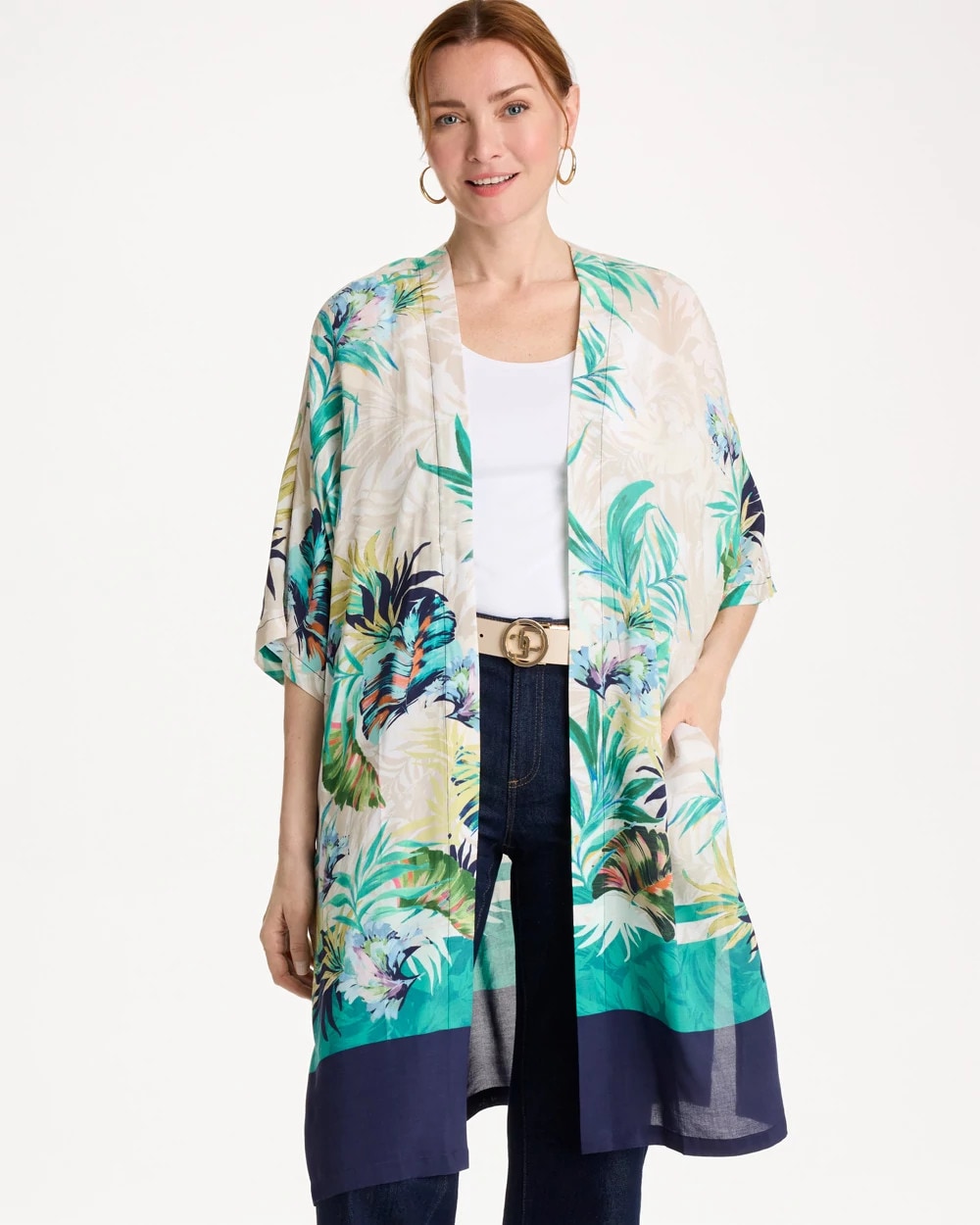 Chico's Printed Smocked Long Kimono