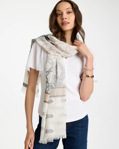 Chico's Neutral Paisley Polka Dot Oblong Scarf