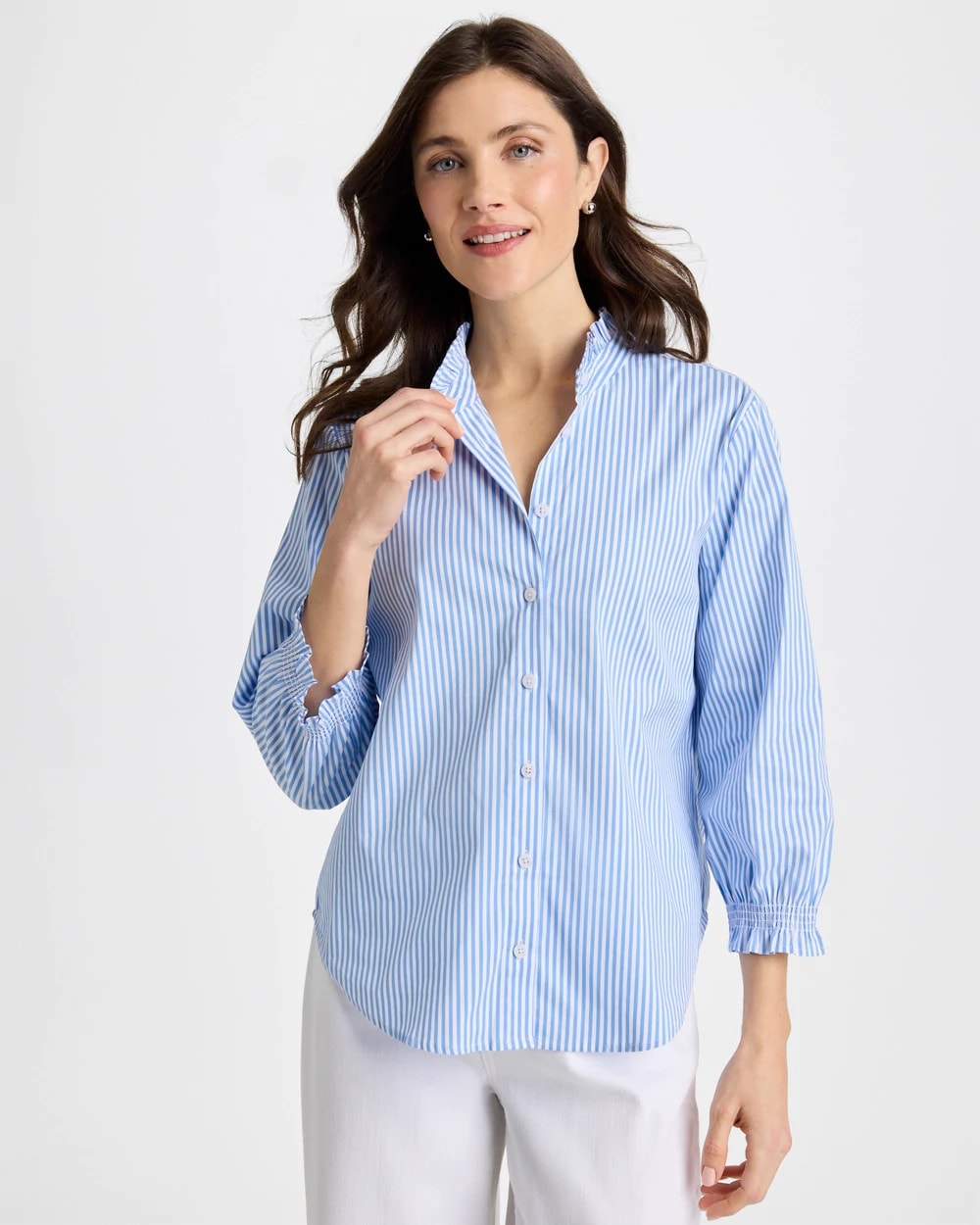 Chico's Striped Poplin Ruffle Neck Shirt