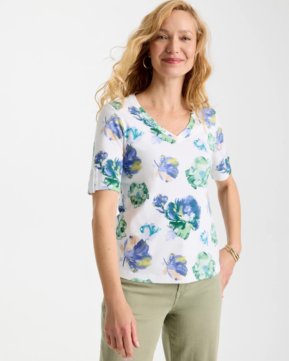 Chico's Printed Cotton Slub V-Neck Tee