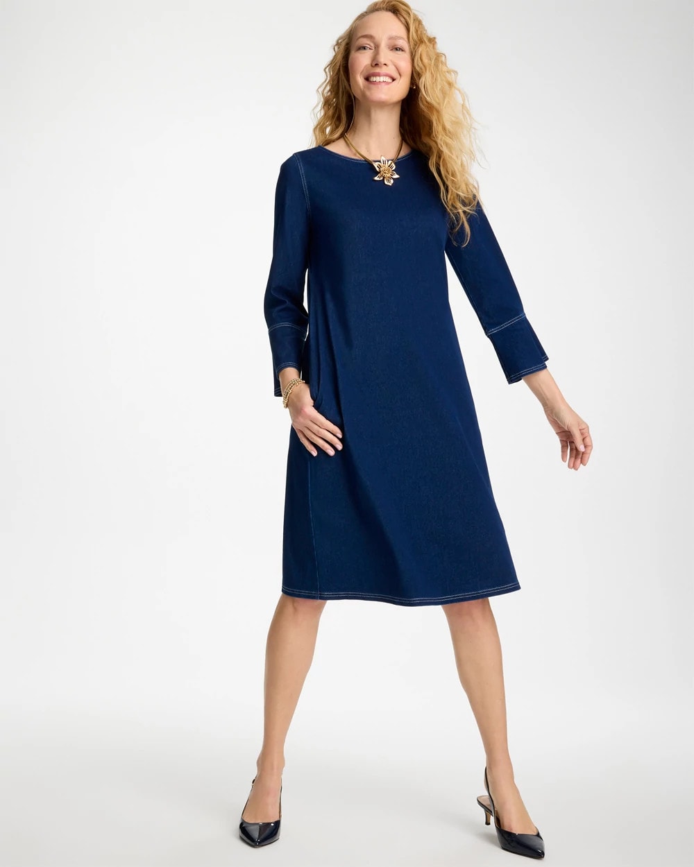 Chico's Bell Sleeve Knit Denim Dress