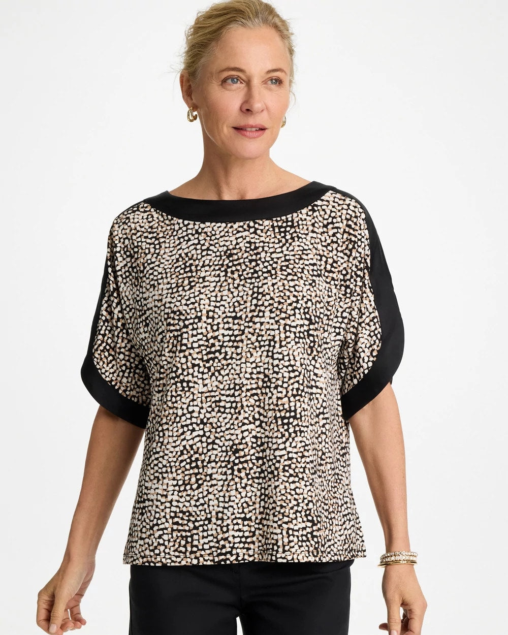 Chico's Printed Jersey & Satin Dolman Tee