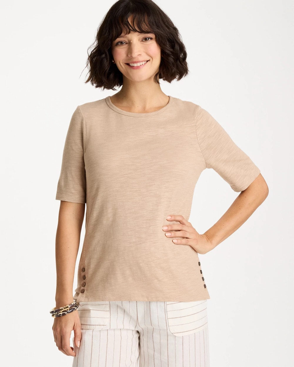 Chico's Foil Print Cotton Slub Elbow-Sleeve Tee