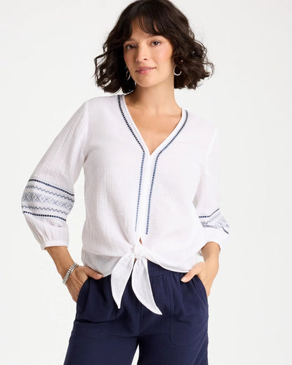 Chico's Cotton Gauze Embroidered Tie-Front Blouse
