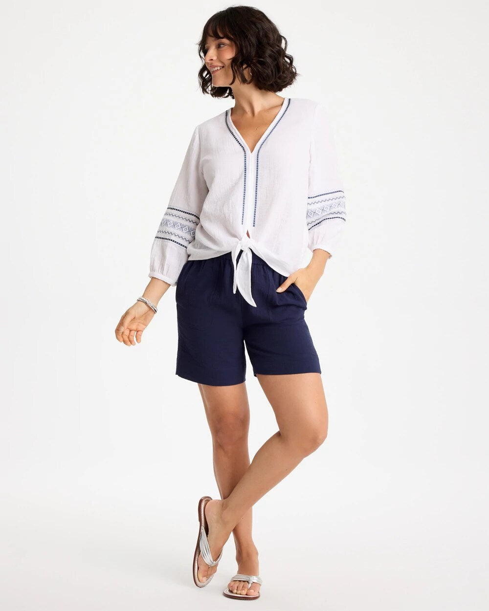 Chico's Cotton Gauze Embroidered Tie-Front Blouse