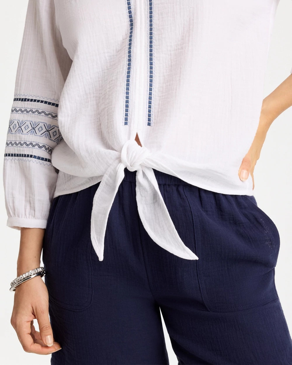 Chico's Cotton Gauze Embroidered Tie-Front Blouse