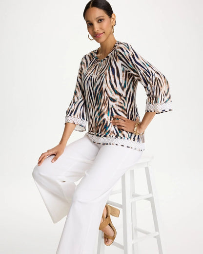 Chico's Tiger Linen Crochet Lace Tee