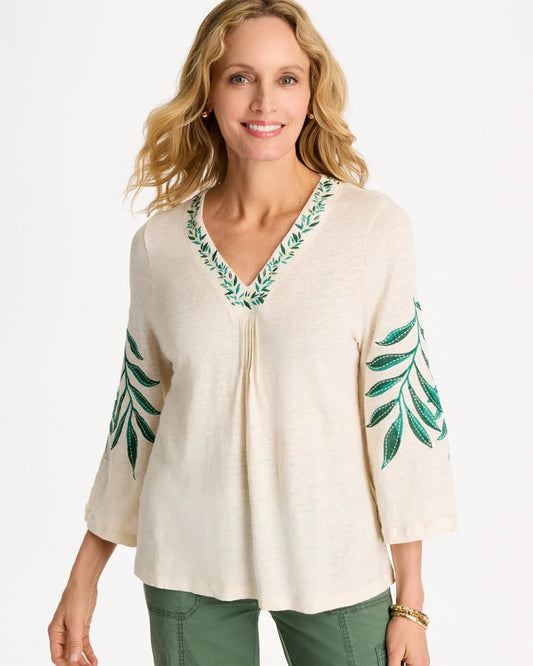Chico's Linen Palm Embroidered Pleated Tee