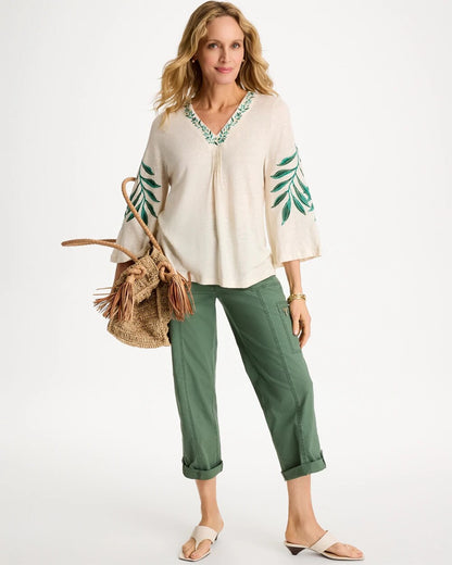 Chico's Linen Palm Embroidered Pleated Tee